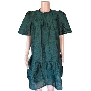 Moon River Green Textured Puff Sleeve Mini Dress‎ Ruffle Hem High Neck Women's L